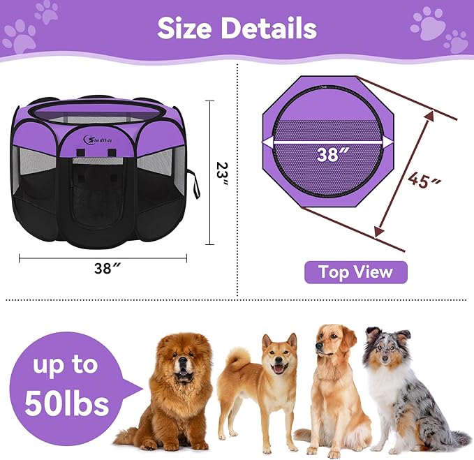Siedihit Large Dog Playpen, Puppy Pet Playpen Indoor, Dogs Tent Crates Cage Indoor/Outdoor, Portable Pop Up Dog Kennel Playpen with Carrying Case for Dogs/Cats/Rabbits, Purple