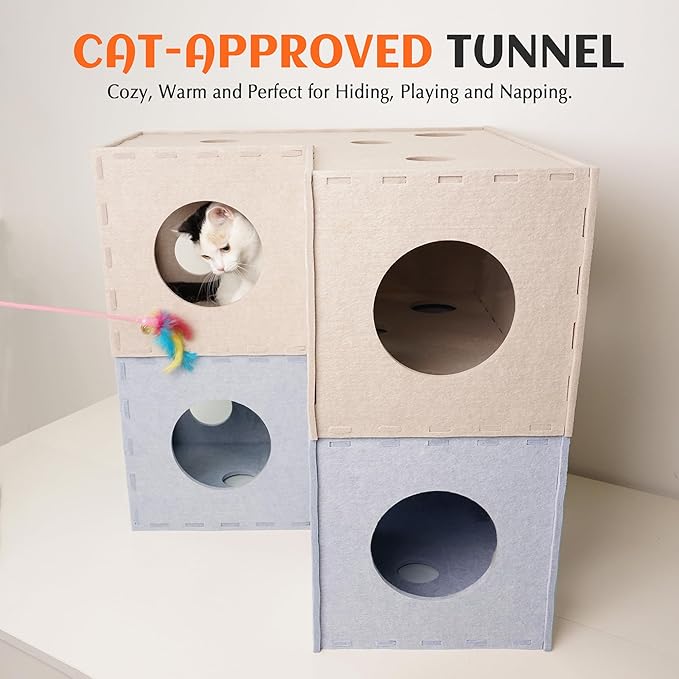 PETKARAY Cat Tunnel, Original Cat Hideaway Cave for Indoor Cats, Large Kitten Play Tubes and Tunnels, Soft Felt Cat Toy with Interactive Peek Hole, Beige L Shape