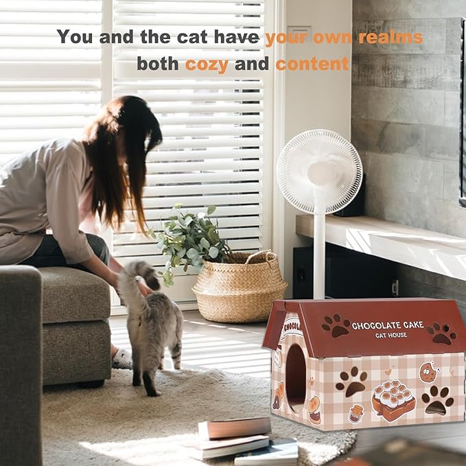 Cardboard Cat House with Scratcher – Chocolate Cake Design, 14''H x 18''L x 15.5''W, Sturdy Cat Playhouse for Indoor Cats up to 20 lbs, Fun Cat Hideout & Scratch Toy
