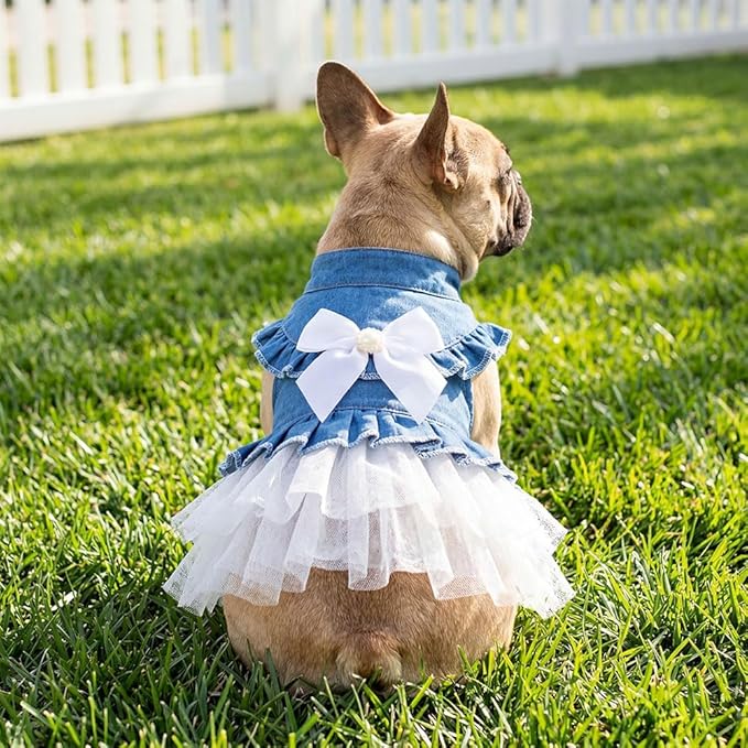 Dog Cat Denim Tutu Dress, Princess Puppy Kitten Outfit with Pearl Bow & Stand-Up Collar, Sleeveless Pet Clothes for Wedding Birthday Party, Easy Front Snap Closure for Chihuahua(White-Denim, X-Large)