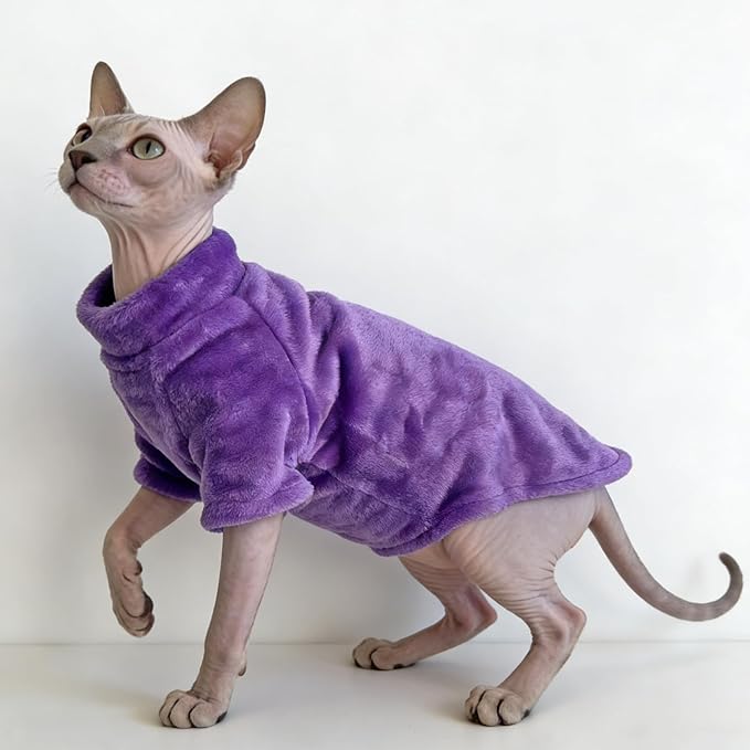 Turtleneck Sphynx Cat Clothes for Cats Only, Fleece Sphynx Hairless Cat Clothes Sweaters,Sphinx Kitten Winter Coat Outfits Apparel Costume for Cornish Rex and Devon Rex,Purple,XL