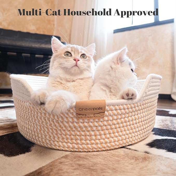 CHEERHOME PETS Cat Bed Basket with Cushion, Cotton Rope Woven Pet Bed for Indoor Cats Couch, Stimulicat Cat Bed Handwoven Breathable, All Season Universal (White)
