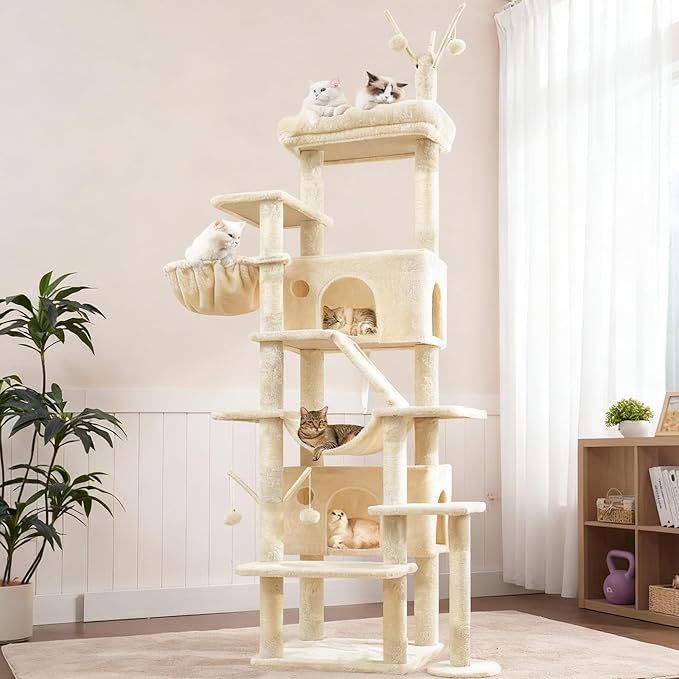 Hey-brother Cat Tree Tower, Sturdy Multi-Level Scratching Posts with Extra Supporting Part, 5 Teaser Toys, 2 Condos, Large Bed, Hammock, Scratch Baord for Indoor Cats, 82.7 Inches, Beige MPJ082M