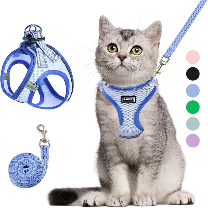 Cat Harness and Leash Set, Soft and Breathable Vest with Reflective Strip, Escape Proof Kitten Harness, Easy to Wear for Cats Walking and Traveling (Blue, XXS)