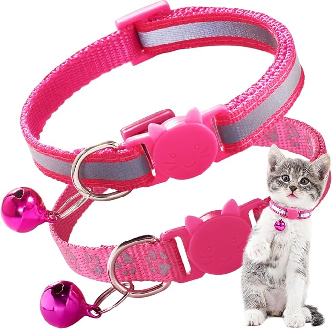 2 Pack Cat Collar with Bells, Hot Pink Claw Print Reflective Kitten Collars Breakaway Safety Buckle Adjustable for Girl and Boy Kitty Pets
