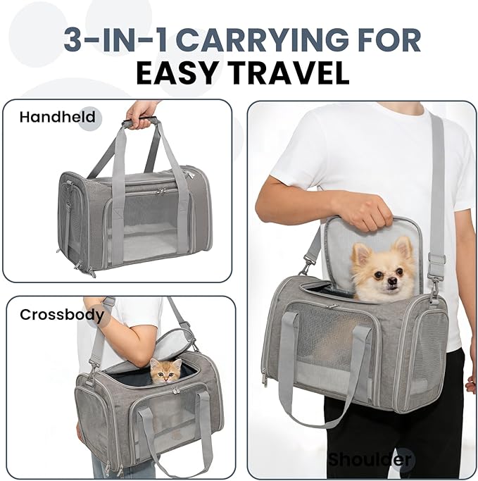 Soft-Sided Cat Carrier Expandable Pet Carrier Airline Approved Mesh Travel Carrier Up to 22lbs for Cats Small Dogs Collapsible Escape-Proof with Shoulder Strap (20x13x13 Gray)