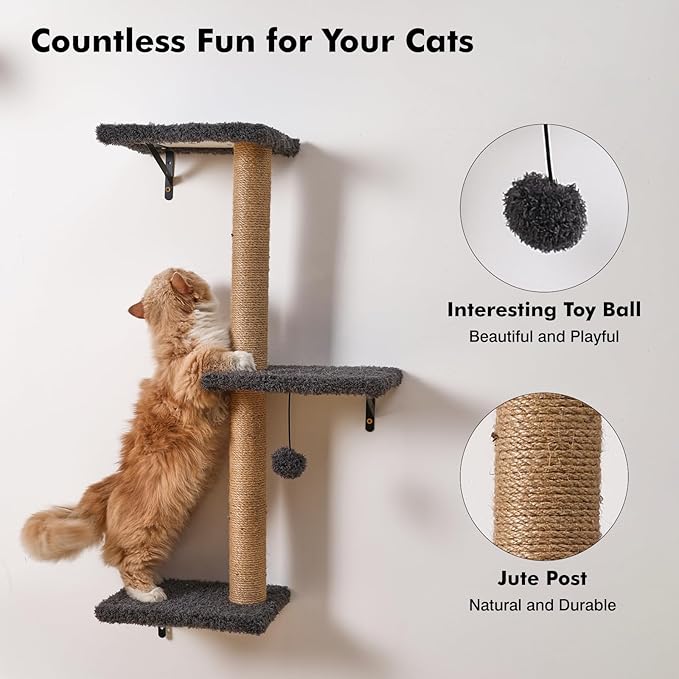 5-in-1 Cat Wall Shelves for Indoor Cats, Wall Mounted Cat Furniture with Bed, Cave, Scratching Post & Perch, Multi-Level Cat Climbing Wall, Space Saving Floating Cat Shelves (Natural Wood Darkgrey)