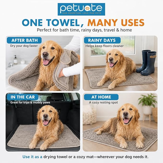 Pet 2-in-1 Dog Towel & Mat – Transforms from Drying to Bath Mat, Ultra Soft, Absorbent & Quick-Drying, Machine Washable Dog Towels with Detachable Non-Slip Mat and Hand Pockets (Large)