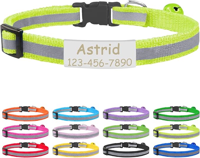 CAMAL Cat Collar with Name Tag, Reflective Cat Collar Breakaway for Kitten Puppy, Personalized Cat Collar, Adjustable 7.5"-12.5" (Fluorescent Green)