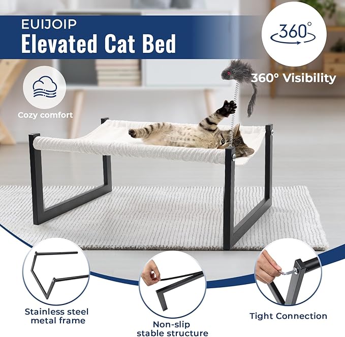 Elevated Cat Bed with 360° View - Rust-Proof Metal Frame, Removable Machine Washable Mattress (Thin), Includes Cat Toy - Easy Assembly