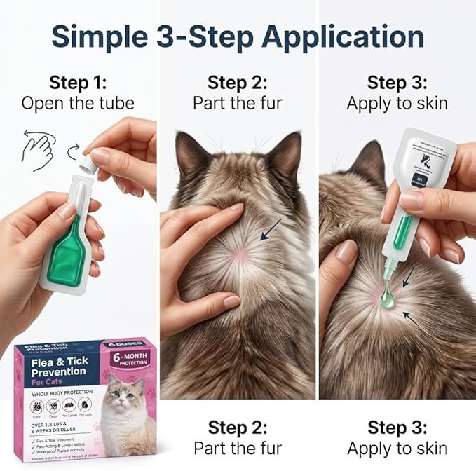 Cat Dewormer Topical Flea & Tick for Cats & Kittens, Monthly for Cats Over 1.5 lbs & 8 Weeks or Older, 6 Doses Supply Fast-Acting & Long-Lasting Waterproof Drops