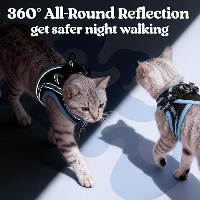 rabbitgoo Cat Harness and Leash Set for Walking Escape Proof, Adjustable Soft Kittens Vest with Reflective Strip for Cats, Comfortable Outdoor Vest, Black & Light Blue, L