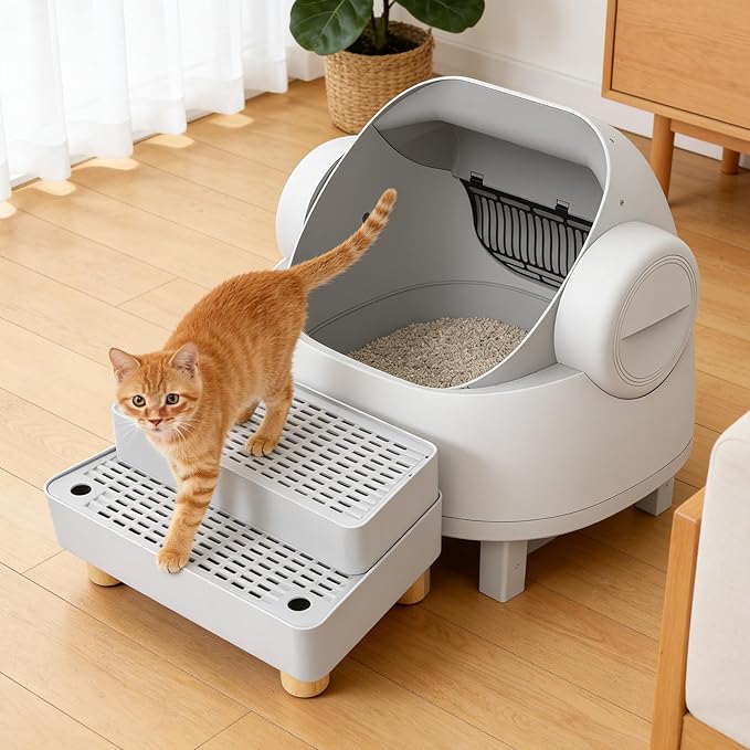 Adjustable 2 Steps Litter Box Ramp, Cat Litter Catcher Mat with Wooden Feet, Filter Function, Litter Box Step for Small & Elderly Cats, Fits Automatic Litter Boxes (Light Grey)
