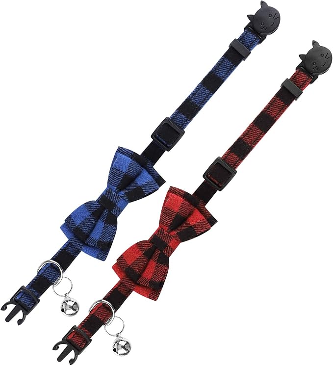 ADXCO 4 Pack Plaid Cat Collars with Bow Tie, Quick Release, Breakaway, Anti-Lost Tags