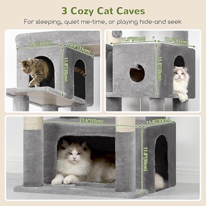 Globlazer Large Cat Tree, 80 inch Multi-Level Tall Climbing Tower Kitty Condos Cat Scratching Tower for Indoor Multiple Large Adult Cats Kittens with 3 Cat Caves, 3 Hanging Baskets, F80F, Light Grey