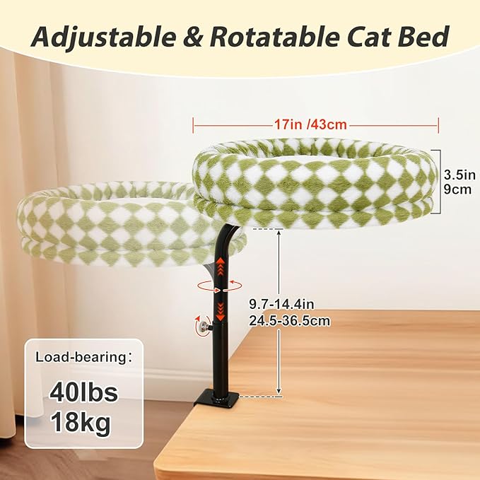 Sunhoo Cat Desk Bed 360° Rotating Height Adjustable Desktop Mount Hammock Kitten Perch Easy Setup Kitty Nest Table Clamp-on Attachment for Indoor Cats Washable 17" Diameter Hold Up to 40lbs（Green）