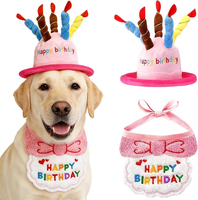 Dog Birthday Cake Hat & Bandana Scarfs Set Pink, Cute Dog Happy Birthday Hat Pet Cap Headwear Hat with 5 Colorful Candles, Cat Birthday Party Supplies Decorations (Pink)