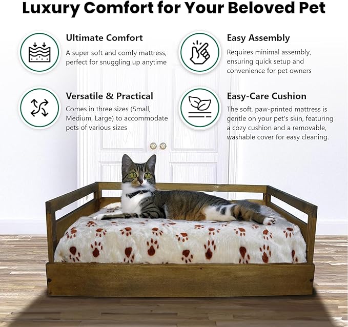 Iconic Pet Sassy Paws Wooden Pet Bed with Paw Printed Comfy Cushion for Dogs & Cats in Varying Sizes & Colors, Small-Rustic Brown