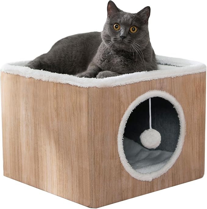 Cat Condo House with Reversible Cushions and Fluffy Ball Hanging, Foldable Cat Cube, Large Cave Bed for Indoor Kittens, Brown Wood Grain Pattern