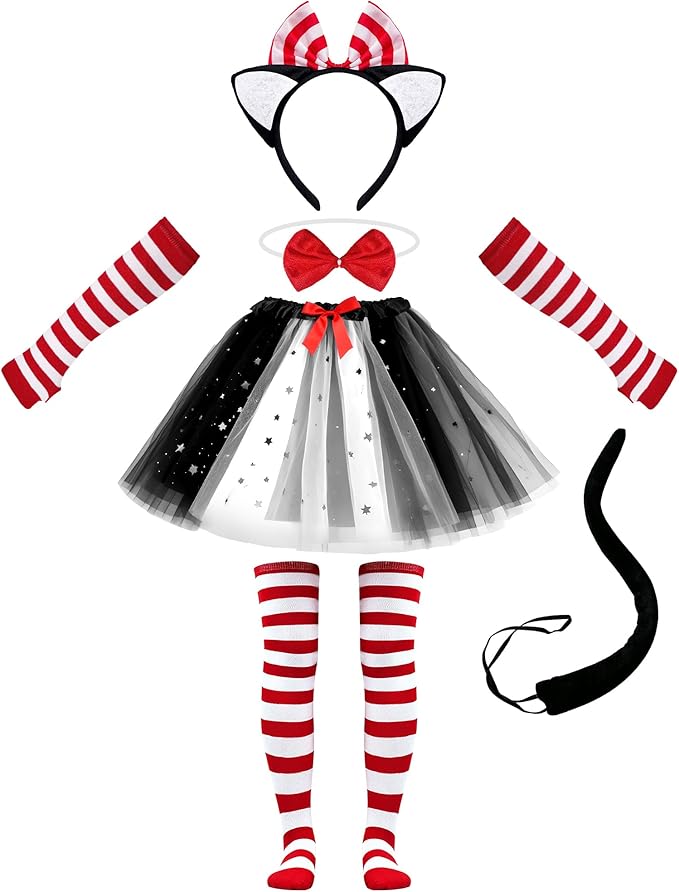 6 Pcs Cat Costume Set with Headband, Bow Tie, Sleeves, Socks, Tutu and Tail for Grils Halloween Book Week Cosplay
