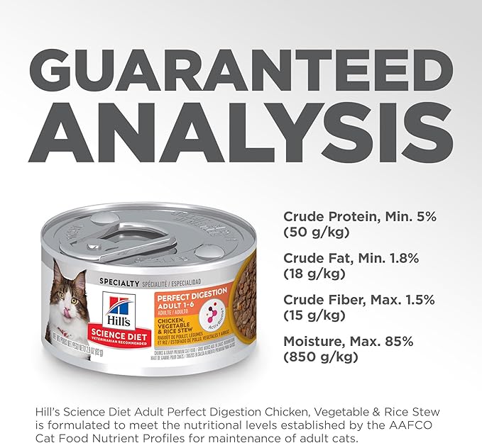 Hill's Science Diet Adult 1-6 Perfect Digestion Wet Cat Food, Chicken, Vegetable & Rice, 2.9 oz. Cans, 24-Pack