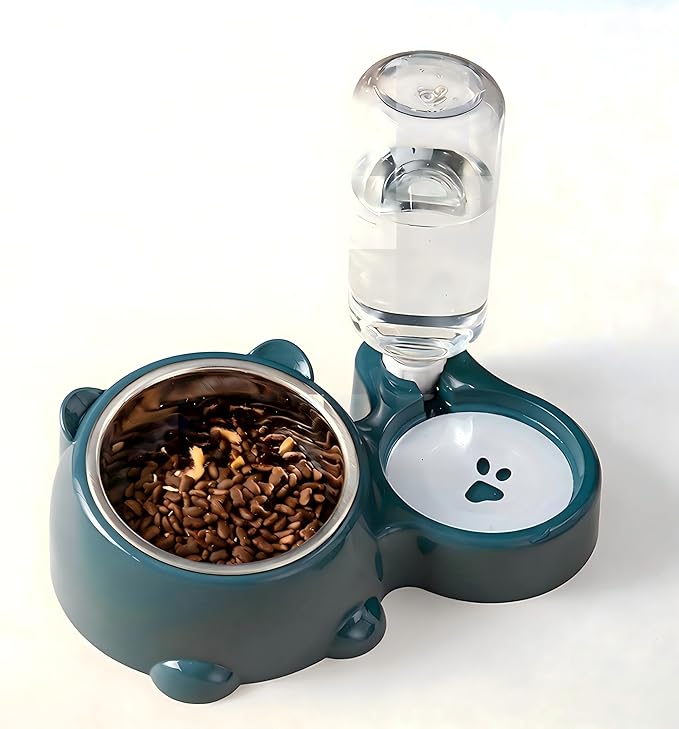 Generic Tilted Stainless Steel Dog Bowls, 2 in 1 Cat Water and Food Bowl, Automatic Refill Feeding Waterer Cat Bowls for Indoor Cats (Dark Blue)