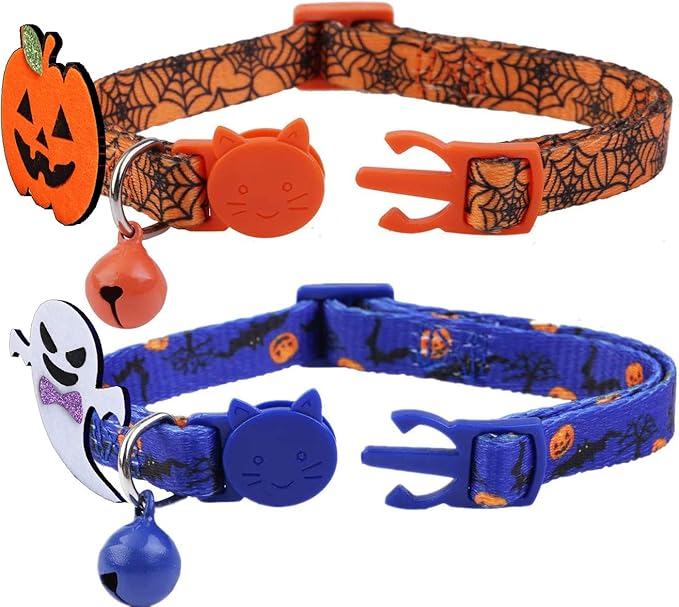 BoomBone 2 Pack Cat Halloween Collar,Kitten Collars for Small Dogs with Bell and Pumpkin Ghost Charm