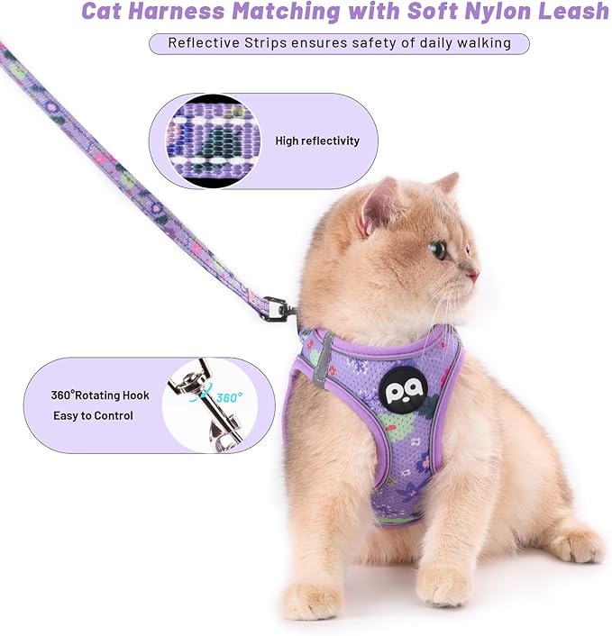QQPETS Cat Harness and Leash Set for Walking Escape Proof, Safe Adjustable Kitten Vest with Reflective Strips, Easy Control Soft Mesh Lightweight Jacket (Floral Purple, S(Chest 15”-15.7”))