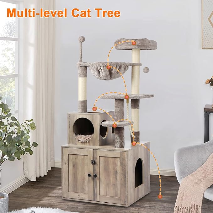 Timberer Cat Tree with Litter Box Enclosure, 2-in-1 Cat Tower for Indoor Cats, Large Wood Cat Condo with Basket, Scratching Posts, Pompoms, Grey