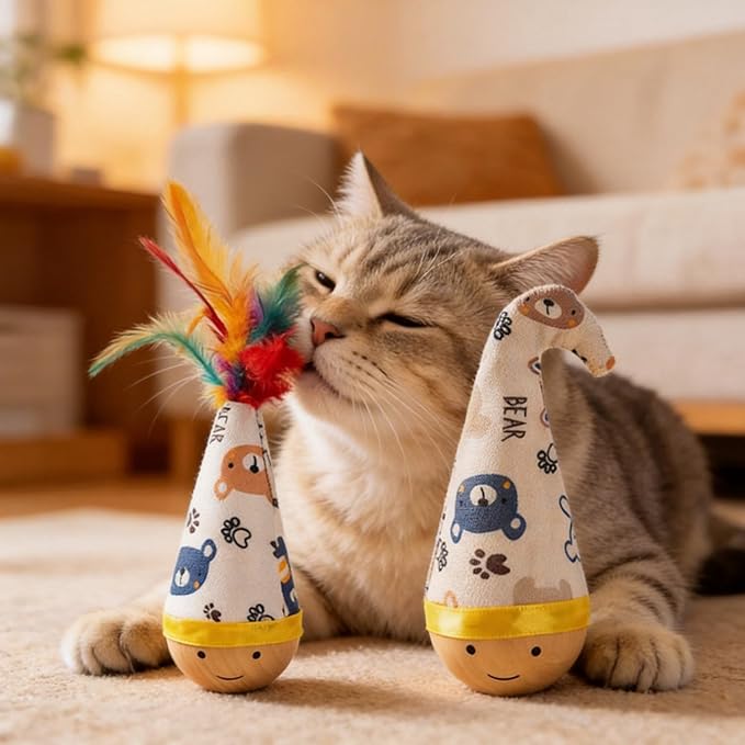 Natural Beechwood Cat Toy – Self-Righting Tumbler Wobble Toy with Colorful Feathers – No Battery, Silent Play for Indoor Cats & Small Dogs