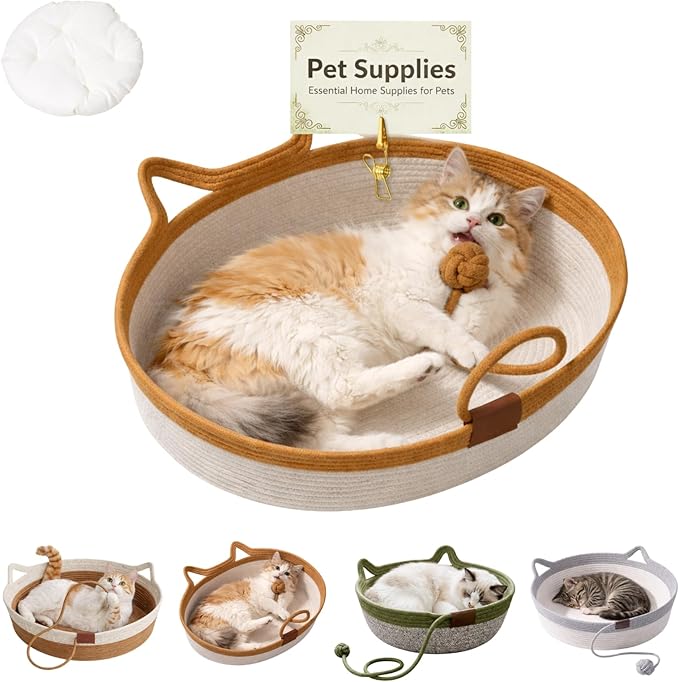 Interactive Cat Bed Basket Handwoven Cotton Rope Stimulicat Cat Basket with Toy Ball, Foldable Scratchable Instinct Basket for Cats & Kittens Stimuli Cat Basket Nest