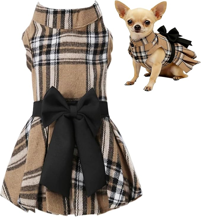 Classic Plaid Dog Dress with Bow Tie for Small Dogs Cats Girls, Cute Puppy Dresses Clothes with Bowknot Chihuahua French Bulldog Pet Apparel Outfits (Chestnut Brown, Large)