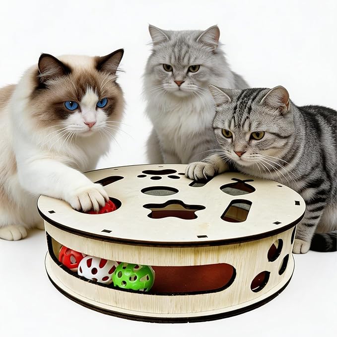 Cylindrical Cat Nail File Box, Wooden Cat Scratch Puzzle Enrichment Box with Sandpaper & 3 Bell Balls, Interactive Cat Scratcher for Nail Trimming, Stress-Free Alternative to Clippers for Indoor Cats
