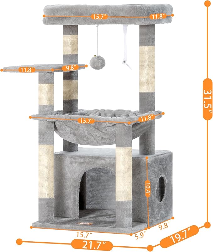 Heybly Cat Tree, Kitten Tower with Large Soft Cat Basket,Cat Condo with Spacious Cat Bed Cave with Hidden Space，Sisal-Covered Scratching Posts,Dangling Ball for Indoor Cats, Light Gray HCT008SW