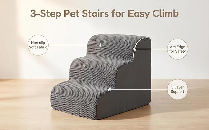 Dog Stairs for Small Dogs，35D Pet Stairs Steps 15” H with Durable Non-Slip Waterproof Fabric Cover, Slope Stairs to Bed for Small Dogs and Cats or Pets Joints, 3 Step Dog Ramp for Couch and Bed