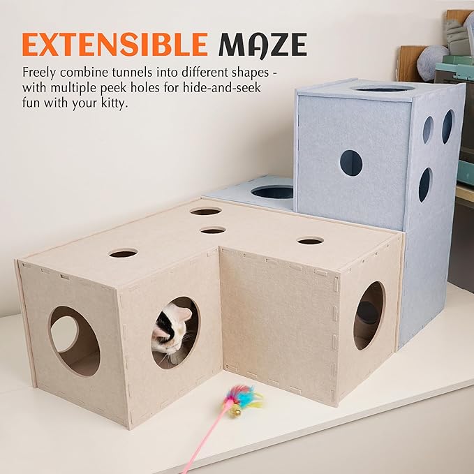 PETKARAY Cat Tunnel, Original Cat Hideaway Cave for Indoor Cats, Large Kitten Play Tubes and Tunnels, Soft Felt Cat Toy with Interactive Peek Hole, Grey L Shape