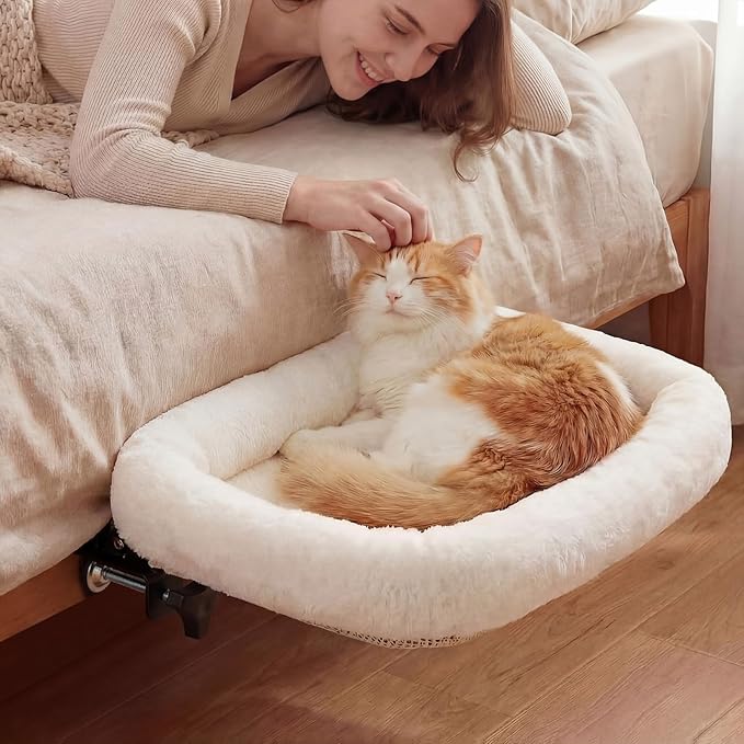 Lewtemi Bedside Pet Bed, Hanging Cat Hammock Attached to Bed or Desk, Adjustable Lounge with Heavy Duty Metal Frame, Soft Plush Guardrail, Stable Supports up to 44 Lbs for Large Cats(Cream)