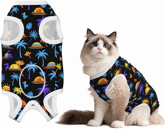 Recovery Suit for Dogs Cats After Surgery, Tropical Palm Tree Beach Sun Art Pet Recovery Shirt Dog Onesies Pet Surgery Recovery Suit