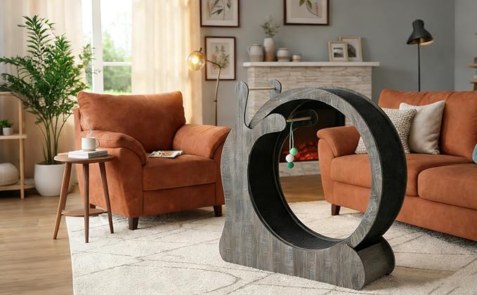 Cat Exercise Wheel,45" Wooden Cat Treadmill with TPE Silent Rollers, Indoor Running Wheel with Interactive Toys, Sisal Scratching Pad & Storage Shelf, Safe Narrow Gap for Large Cats