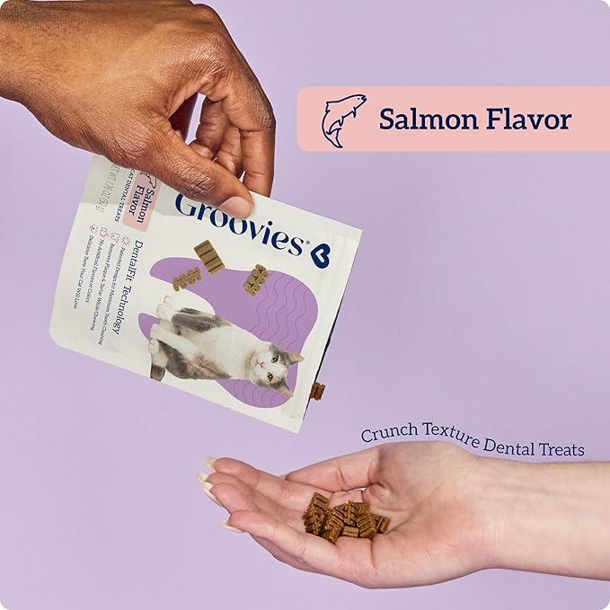 Groovies Cat Daily Dental Treats. Tasty, Crunchy Bites Cats Love. Salmon Flavor. Powered by USA-Patented DentalFit Technology. No Added Gluten, No Artificial Flavors or Colors. 1.76oz (115 Treats)