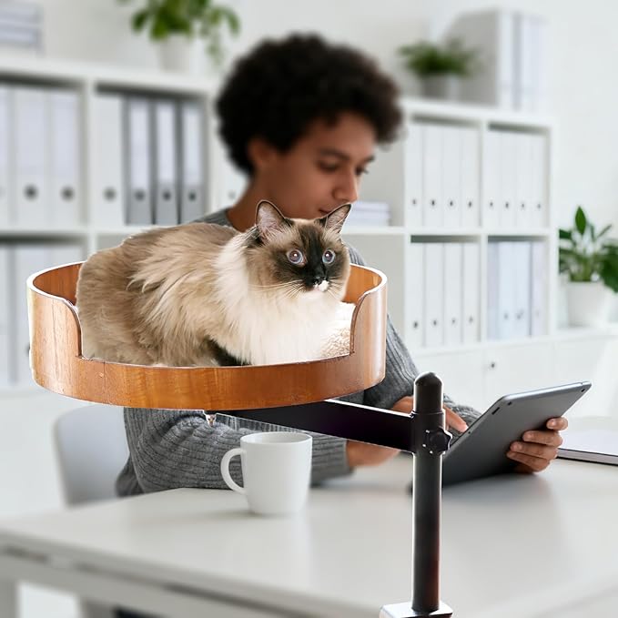 Cat Desk Bed - 360° Rotating & Adjustable Wooden Perch with Washable Pet Mat, Space-Saving Hammock for Home Office/Computer Desks (Wood)