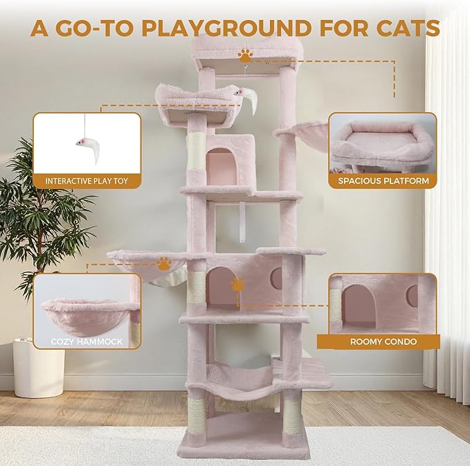 71" Flower Cute Cat Tree for Indoor Cats Large Adult, Tall Cat Tower with Scratching Post & Condo, Hammock, Aesthetic Cats Stand, Modern, Easy Assembly (Pink, 68" Tall)