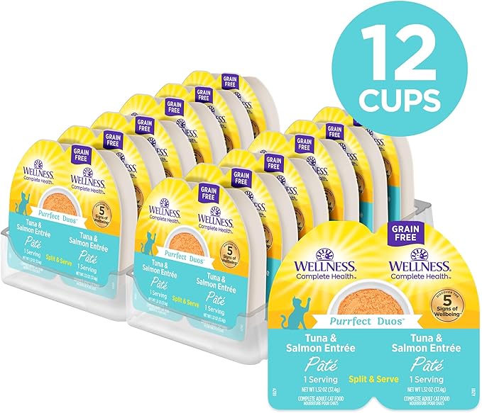 Wellness Complete Health Purrfect Duos Pate Adult Wet Cat Food, Natural, Protein Rich, Grain Free, Tuna and Salmon Entrée Recipe, 2.64 oz, Pack of 12 Split Cups