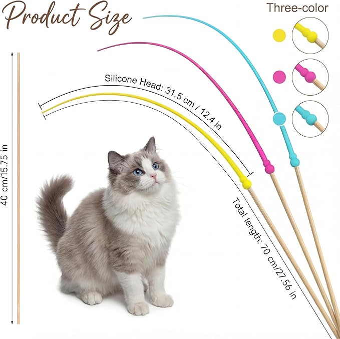 Larrel Silicone Cat Toys Wand, 3 Pcs Cute Colorful Cat Teaser Wand, Lightweight Silicone Cats Wands Toy for Indoor Cats Kittens Chase Exercise