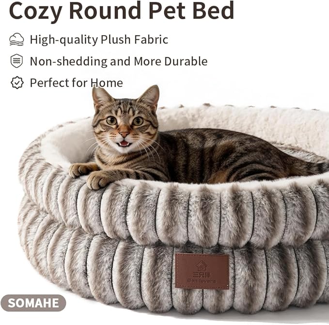 SOMAHE Cat Bed, Round Plush Faux Fur Donut Cuddler – Machine Washable Calming Cat Bed for Indoor Cats & Kittens, Removable Cushion Non-Slip Fluffy Kitten Bed, Cozy Small Cat Nest, 20" Inch Coffee