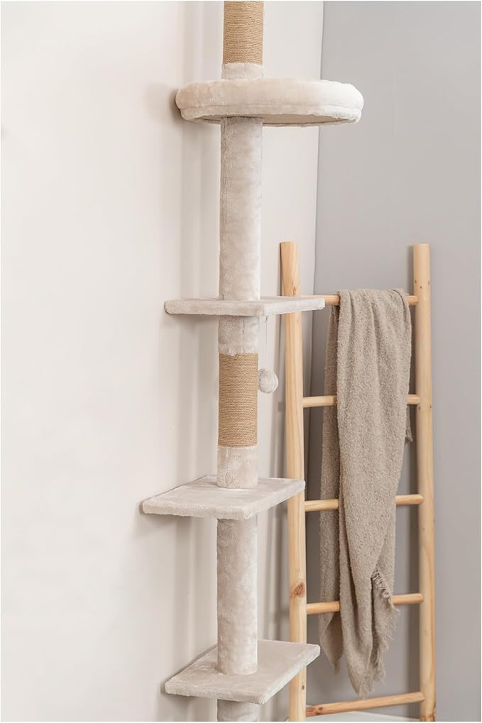Trixie Kobe Cat Tree, 4-Level Indoor Cat Furniture, 90.5"-104" Ceiling Mount Tower with Adjustable Tension Rod, Large Jute Scratching Post, Beige