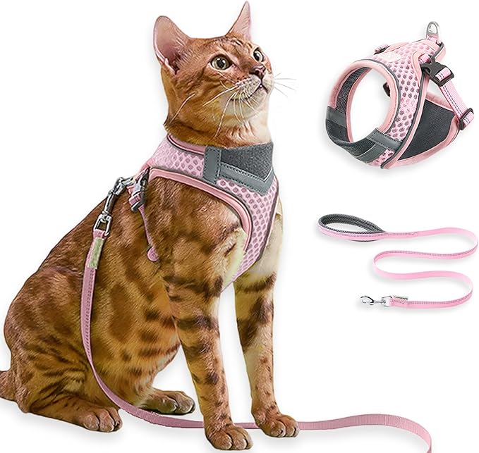 Cat Harness and Leash Set for Comfortable Outdoor Walking, Escape Proof, Adjustable Soft Kitten Vest Harness with Reflective Strip for Cats, Small Dogs (Pink, S)