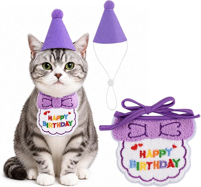 Cat Birthday Hat & Bandana Set – Birthday Decorations for Small Dogs and Cats, Cute Party Hat & Bib Costume for Cat Birthday Party or Puppy Celebrations (Purple)
