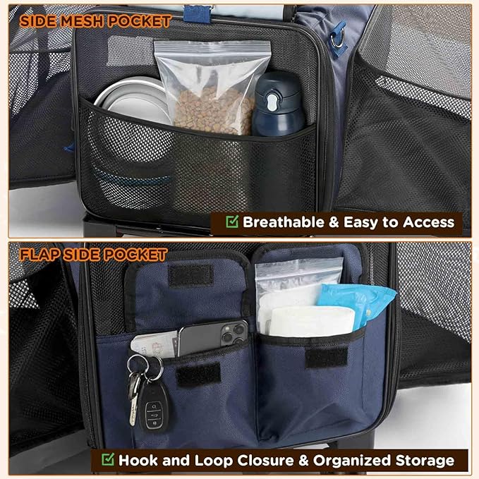 3-Sided Expandable Pet Cat Carrier with Wheels & Hammock, 24-Inch Soft-Sided Portable Rolling Pet Carrier for Large Cats, Medium & Small Dogs, Detachable for Travel, Camping, Outdoor Walks