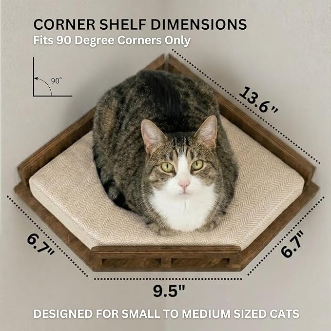 INICIO Cat Wall Shelves - Safe and Sturdy Cat Wall Furniture - Stylish Natural Wood Corner Shelf with 3 Steps for Cats up to 15lbs - Cushioned Perch and Stairs for Climbing and Playing - Dark Brown